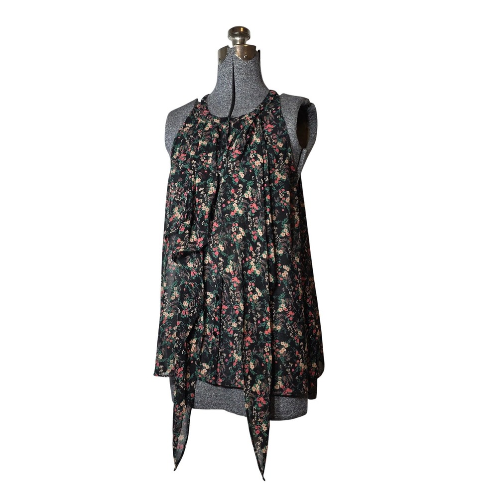 Princess Vera Wang Floral Draped Tie Front Sleeveless Blouse Black Large